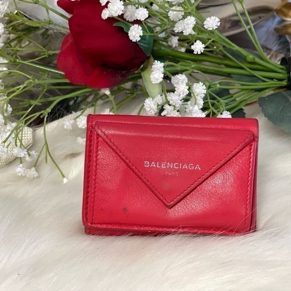 AUTHENTIC BALENCIAGA RED LEATHER PAPIER-MÂCHÉ MINI TRI-FOLD WALLET